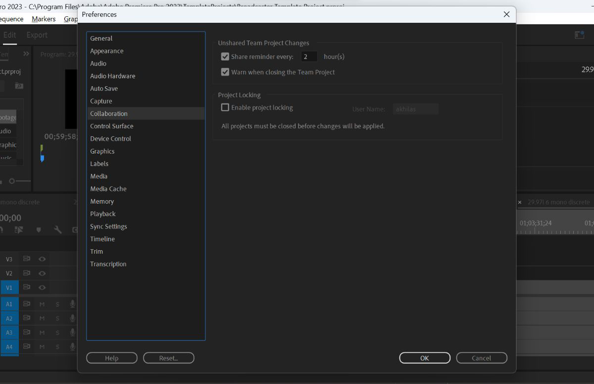 Screenshot showing the Collaboration preferences options within the Preferences panel.