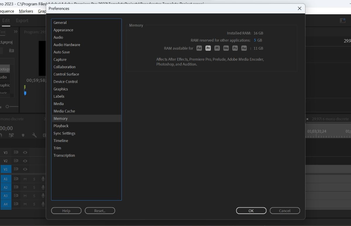 Screenshot showing the Memory preferences options within the Preferences panel.