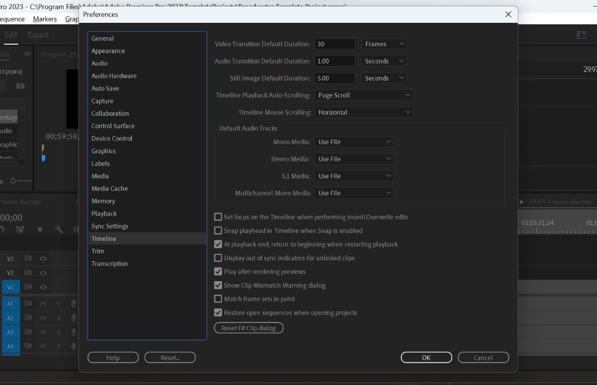 Screenshot showing the Timeline preferences options within the Preferences panel.