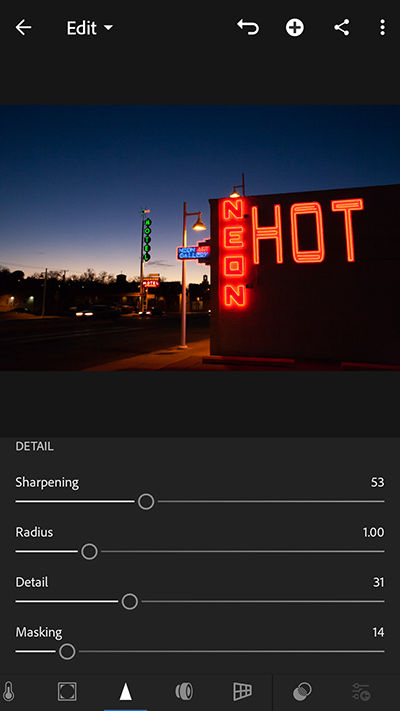 Pagbawas ng ingay at mga kontrol sa pagpapatalim sa Adobe Photoshop Lightroom CC para sa mobile (Android))
