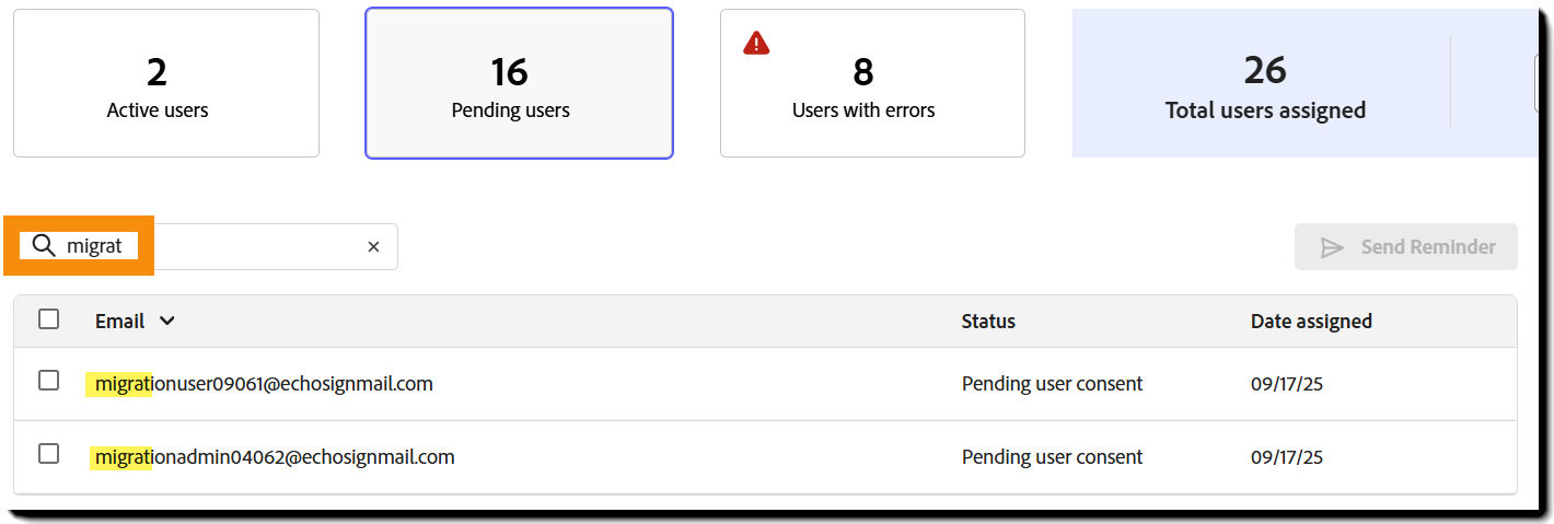 The Users page with the Search field highlighted
