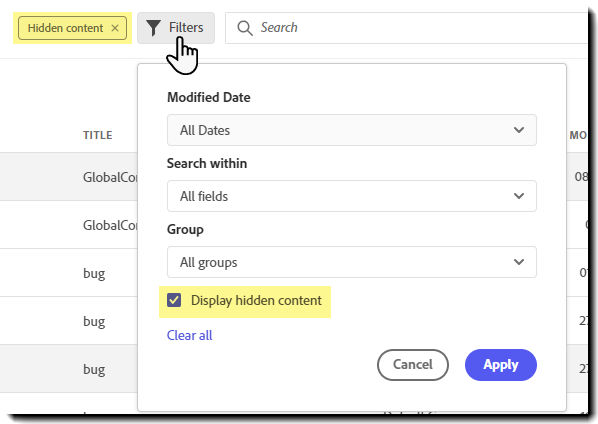 Search filter with "Display hidden content" option highlighted
