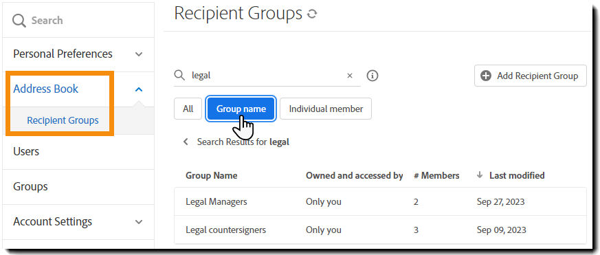 Search page with the Group option selected and the resulting groups displayed