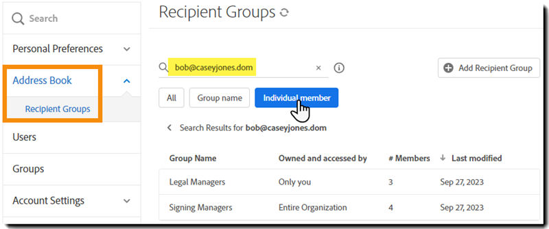 Search page with the Individual member option selected and the resulting groups containing the member displayed