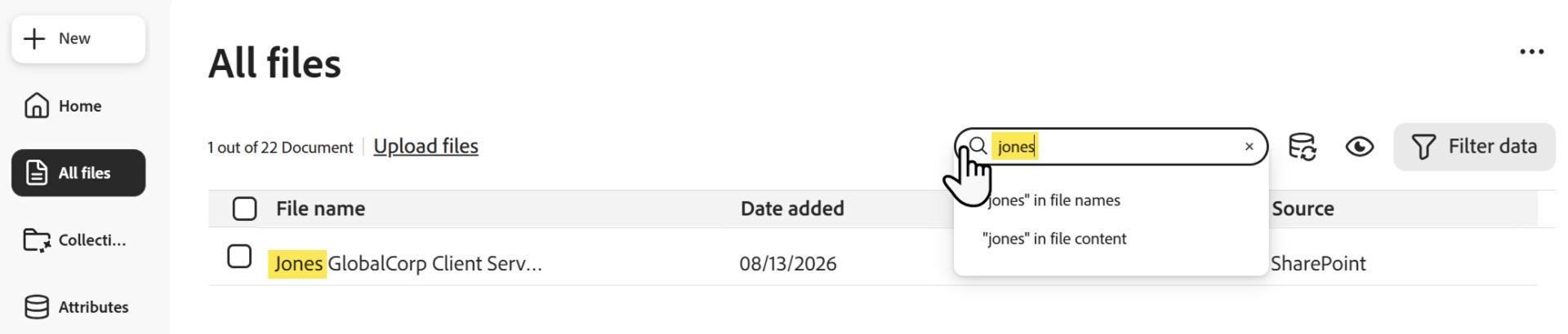 The Documents page with the Search filter highlighted