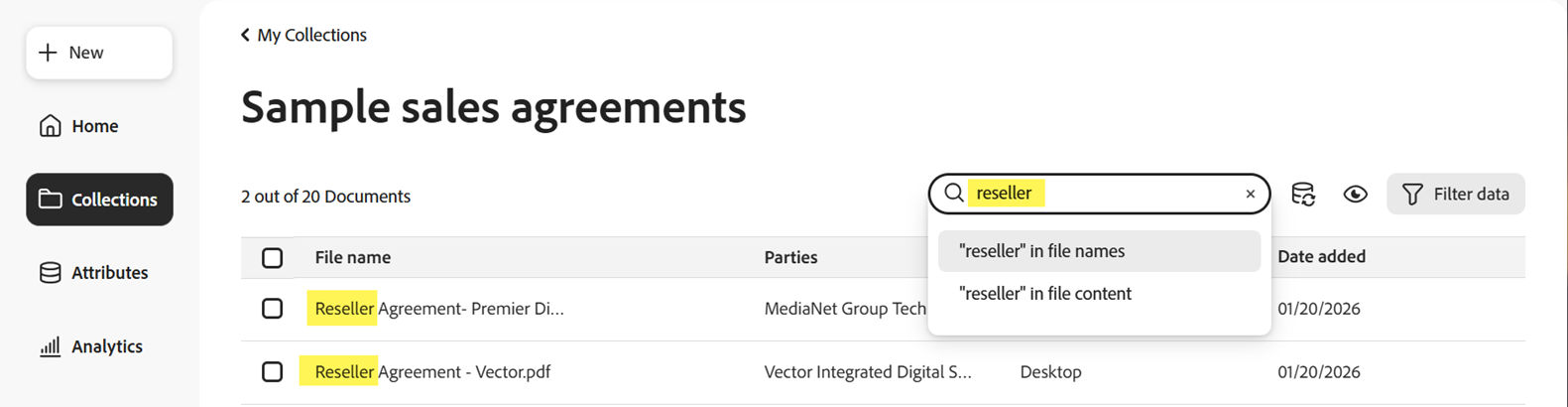 The Documents page with the Search filter highlighted