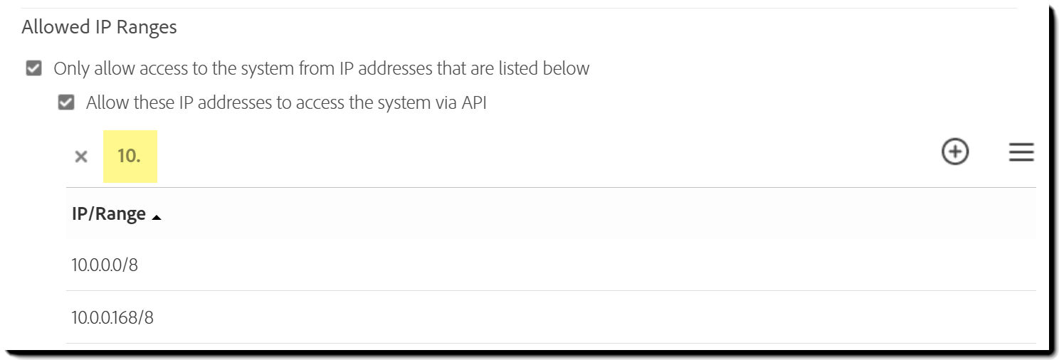 The Allowed IP Ranges controls with the search field filled, and the resultant IP ranges displayed.