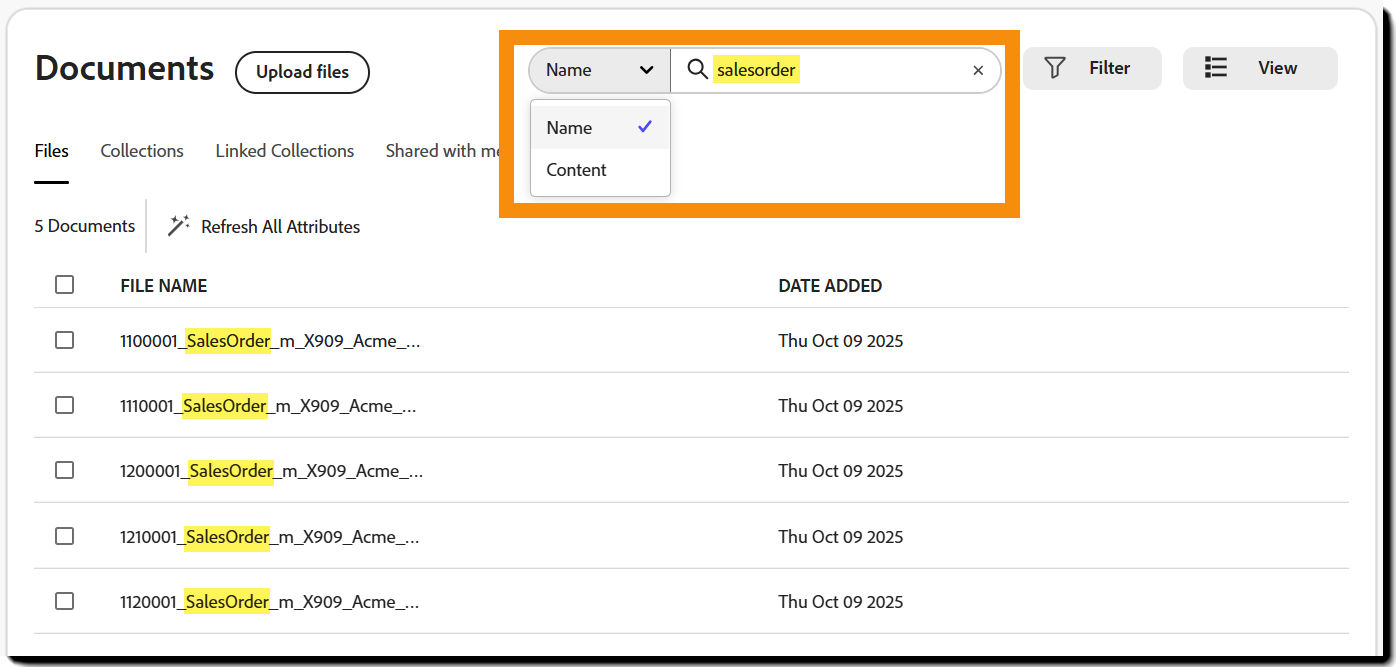 The Documents page with the Search filter highlighted