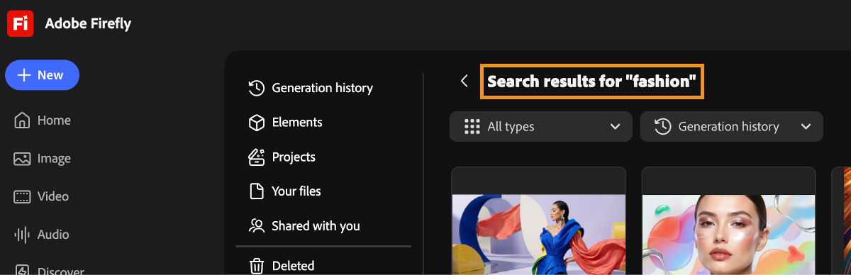 Search results page headed “Search results for “fashion”” showing the Generation history location filter chip, the All types dropdown, and a grid of matching image assets.