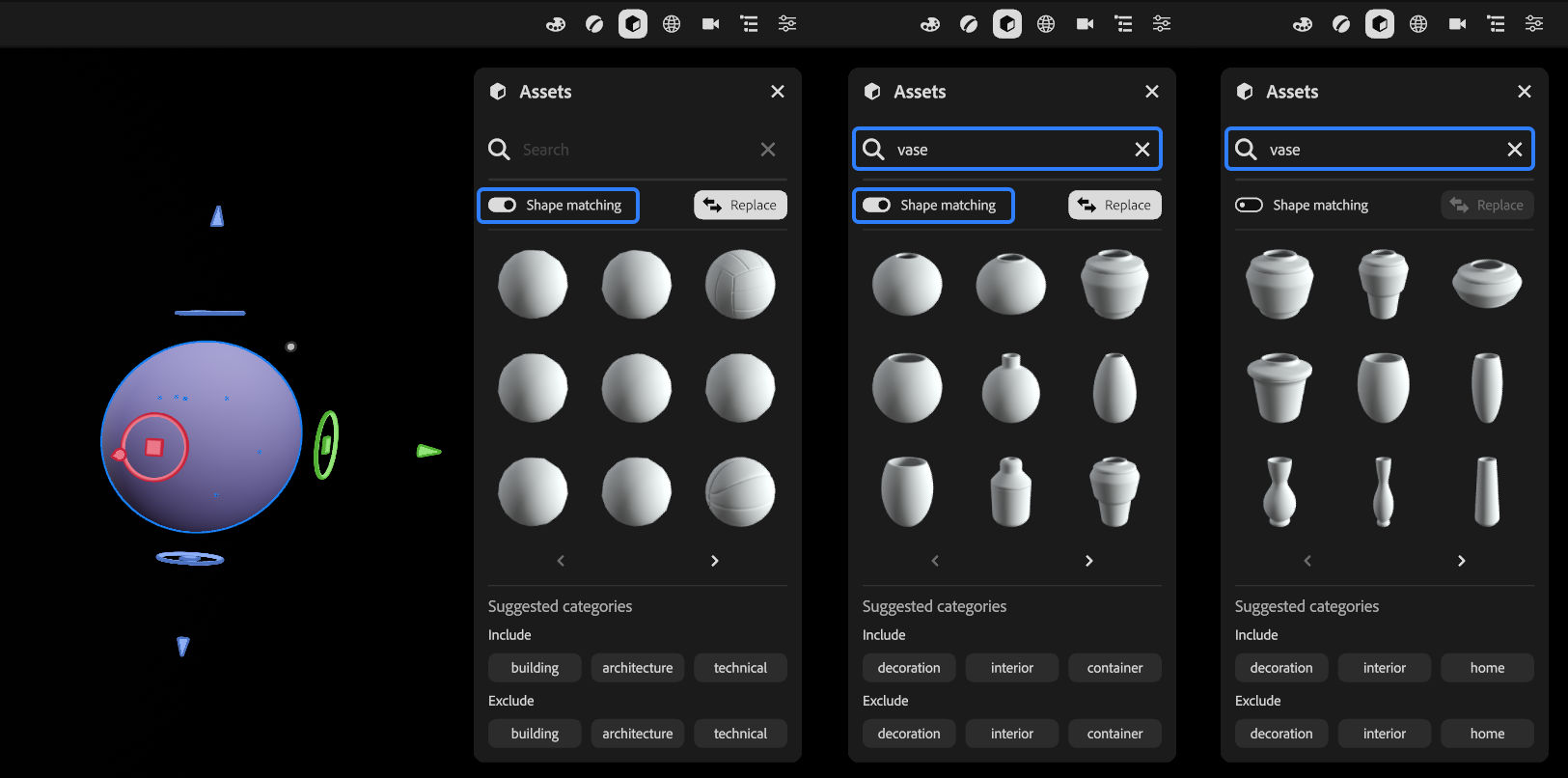 An image of the Assets panel with different combinations of keyword search and shape matching search.