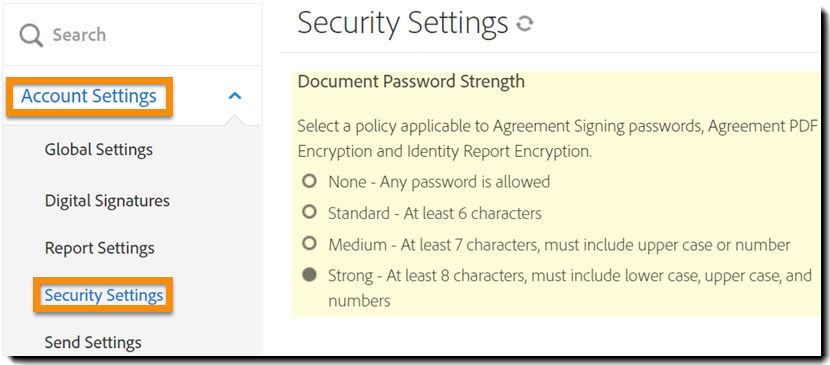 Security Settings admin menu highlighting the Document Password Strength controls