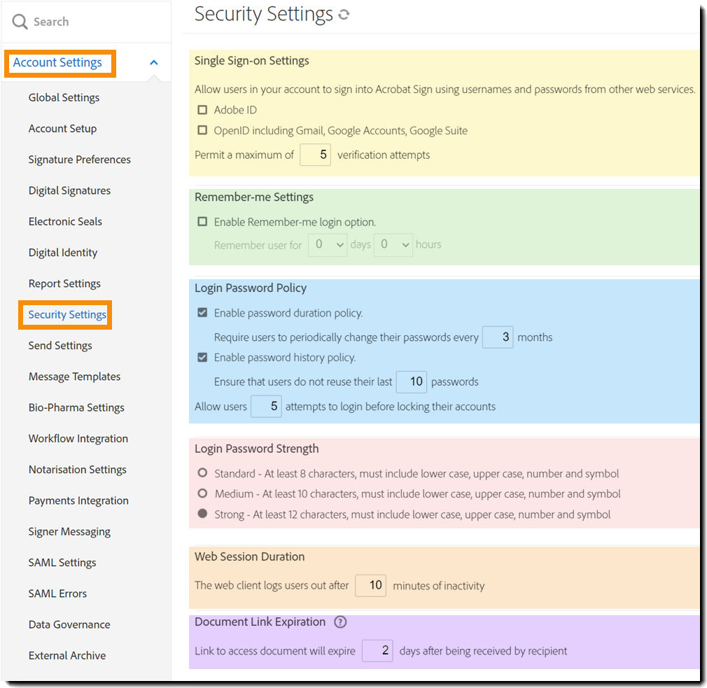 Security Settings admin menu highlighting the several security configurations suggested.