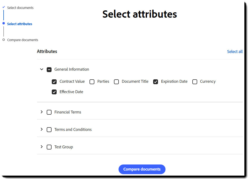 Attribute selection panel showing the General Information group expanded with multiple attributes selected.