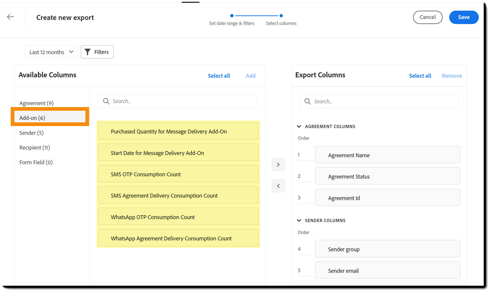 The Data Export page with the Add-on columns highlighted