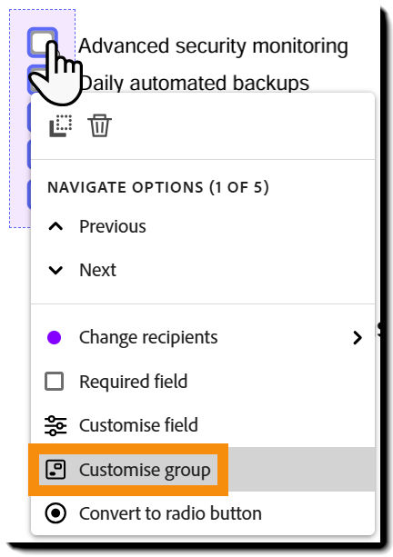 The checkbox menu with the Configure group option highlighted