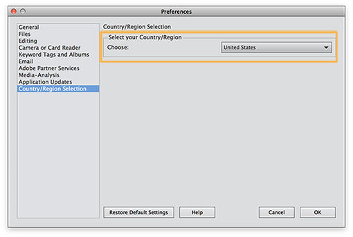 Selecting the country or region