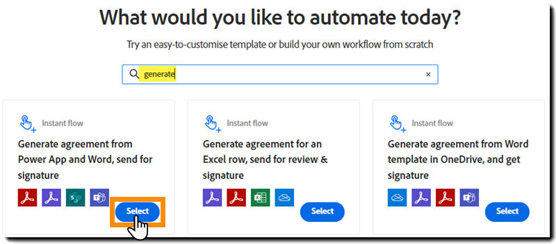 The Create Workflow page showing the search results and the Start button highlighted