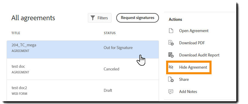 The "Hide Agreement" action highlighted on the Manage page