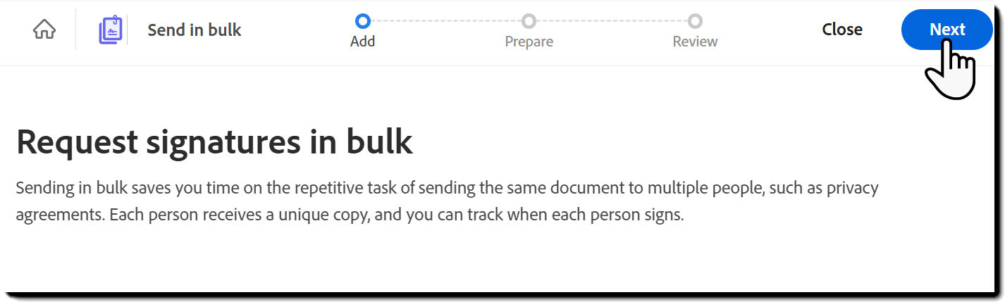 The Send in Bulk template with the "Next: button highlighted
