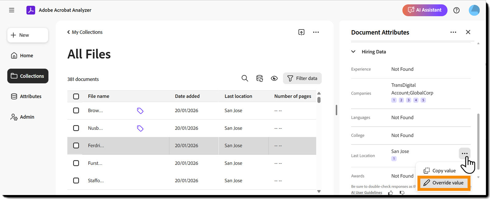 An example file opened with the "Document Attributes" panel exposed, and the "Override value" action highlighted.