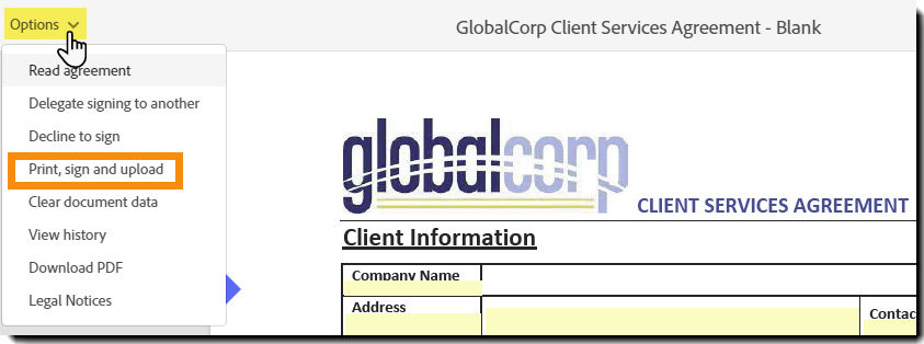 E-Signing page with the Option menu expanded and the "Print, Sign, and Upload" option highlighted.