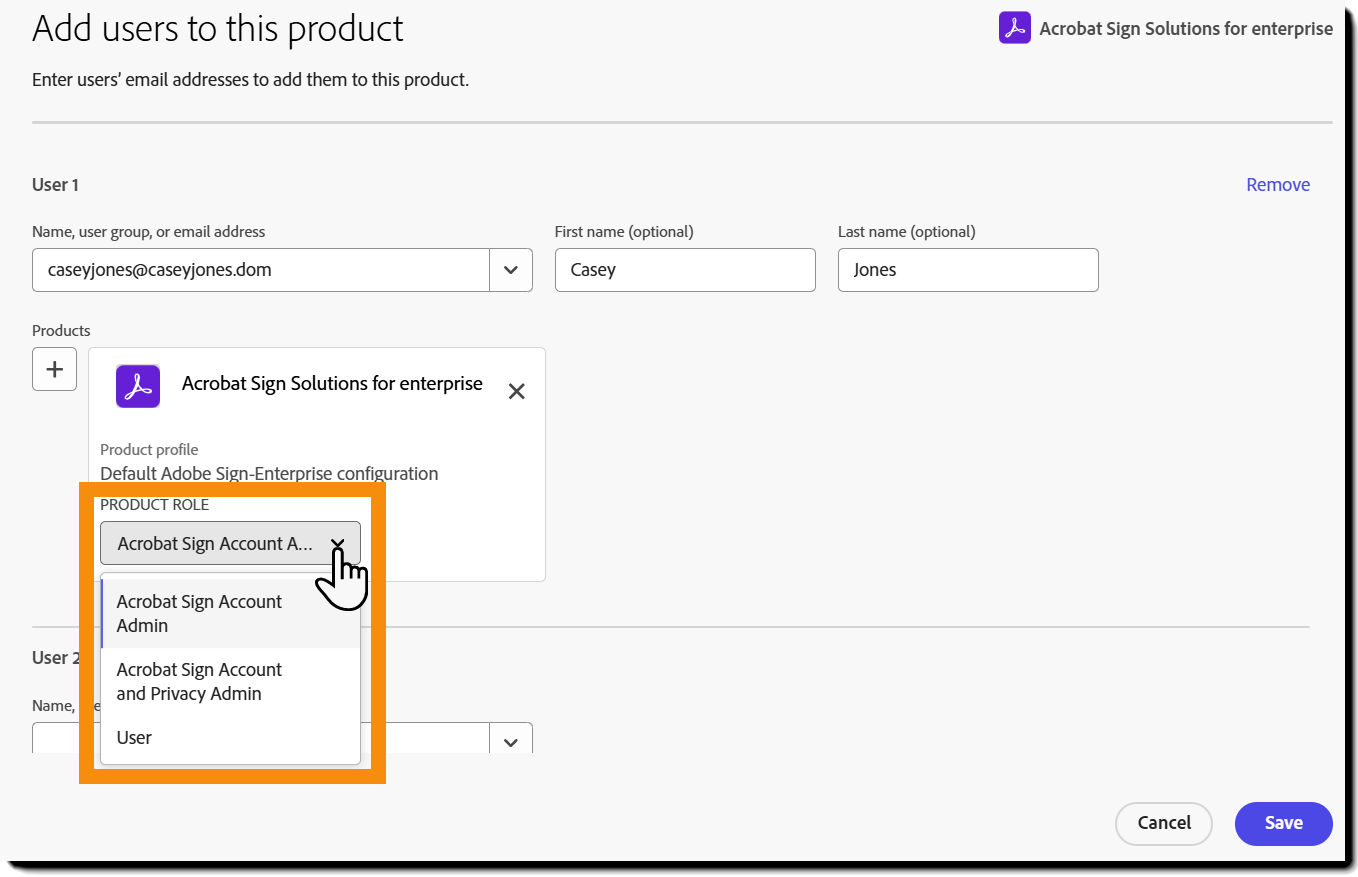 The user's Acrobat Sign entitlement with the Product Role menu expanded.