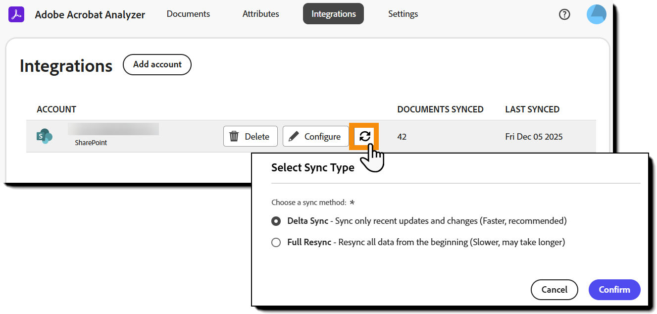 TheIntegrations page with the Refresh icon highlighted and the resync options exposed.