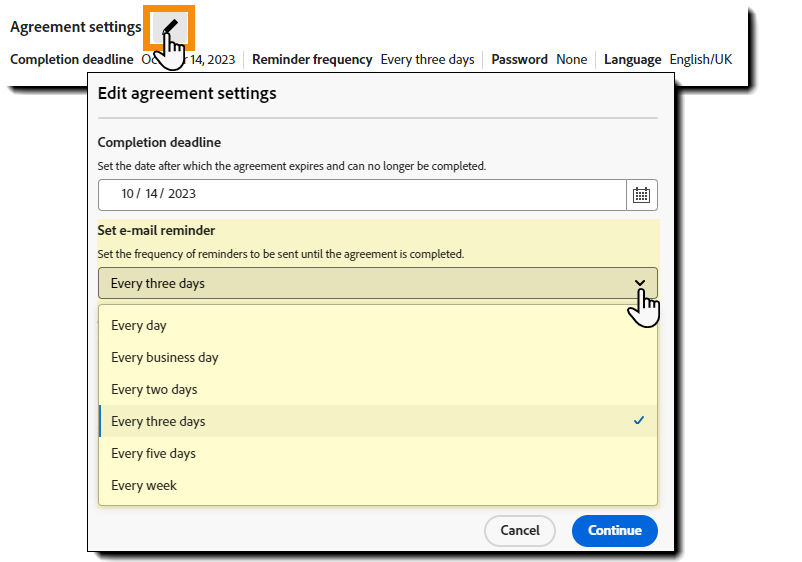 The agreement settings panel with the reminder selector highlighted