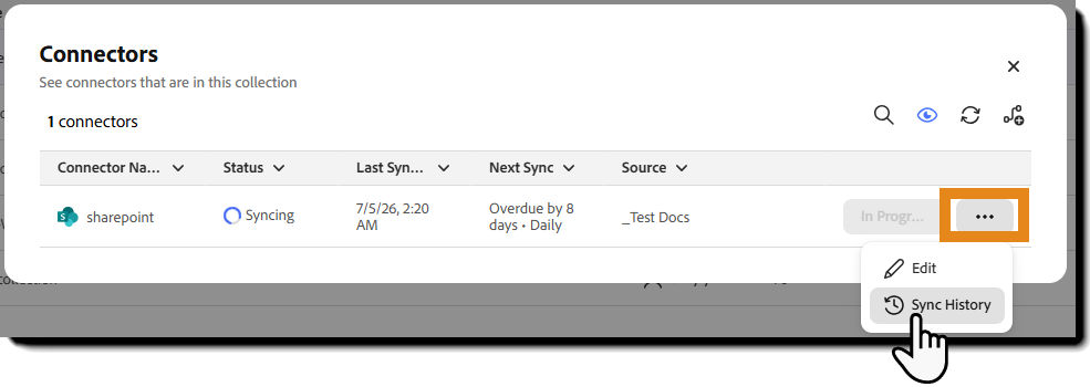 The Sync History option in Manage Connectors