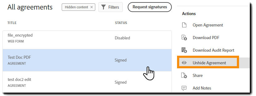 The "Unhide Agreement" action highlighted on the Manage page