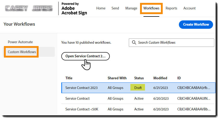 Sélection d’un workflow au statut Actif