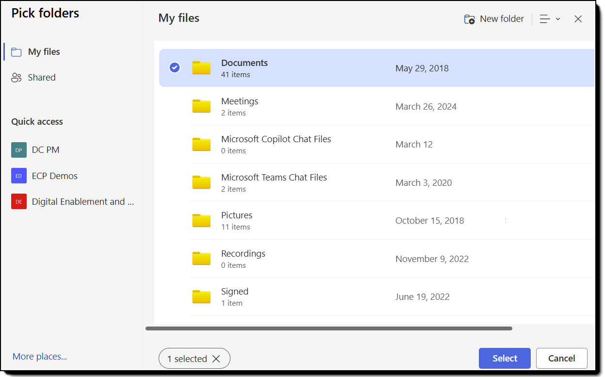 A SharePoint list of folders with one selected.