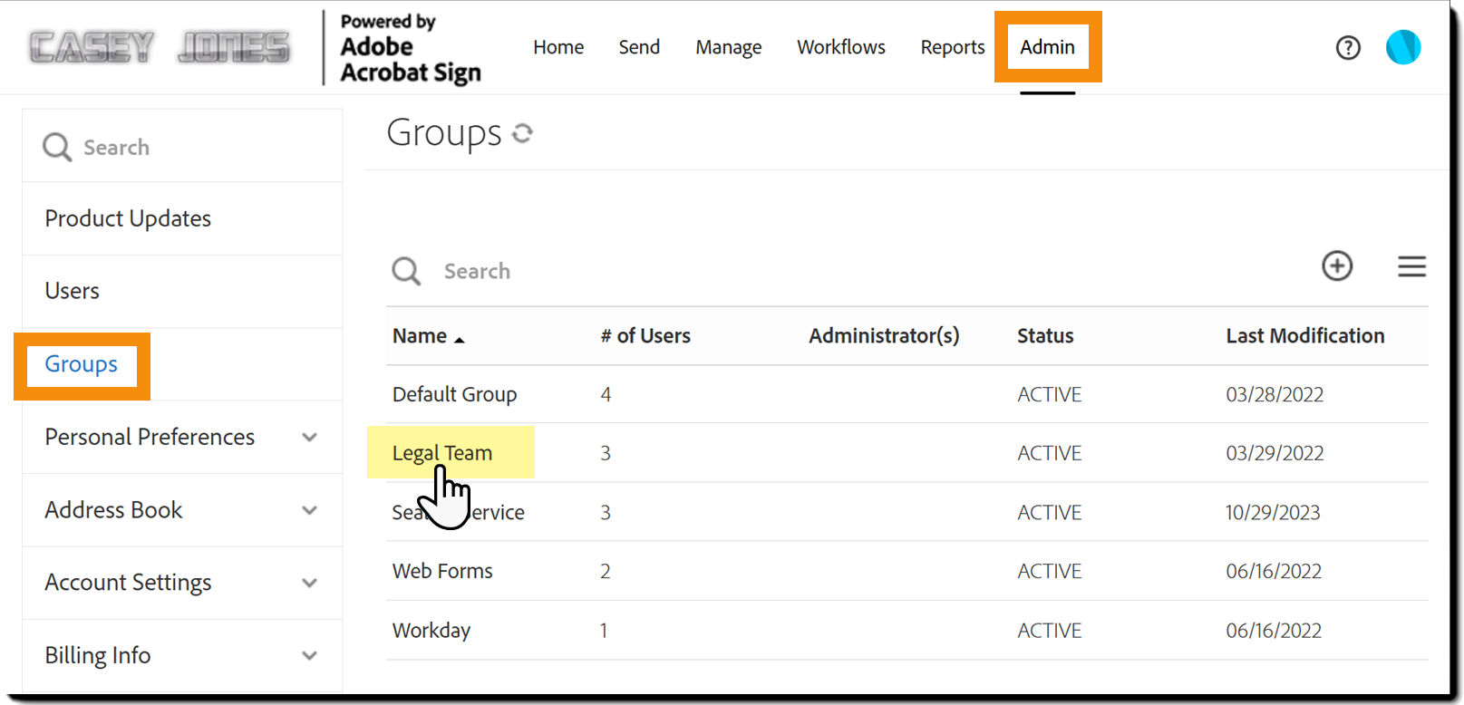 Das Admin-Menü mit hervorgehobenen Gruppen.