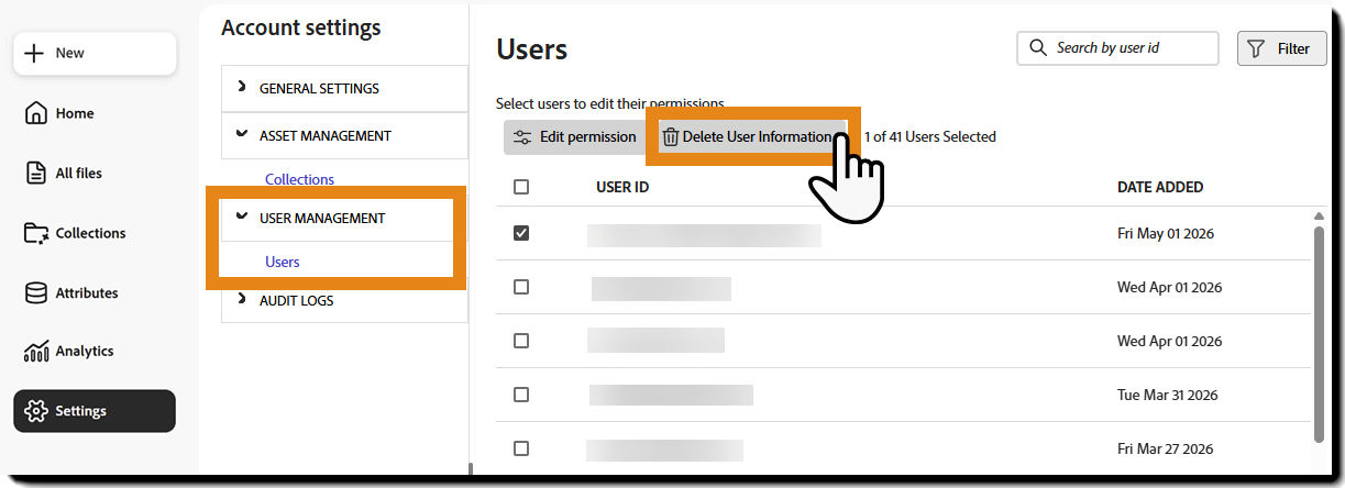 User Management table with more than 10 users selected and the Delete User Information action disabled.