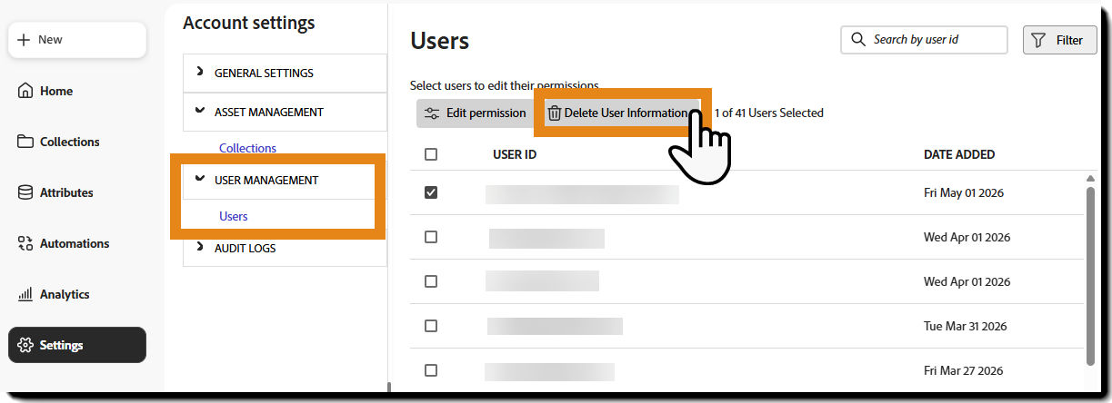 Users table showing multiple users selected with the Delete User Information action enabled.