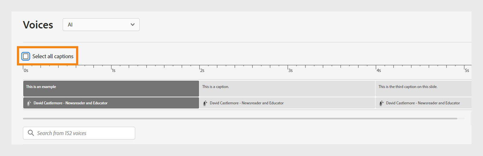 This image shows how to select all captions in the voices panel.