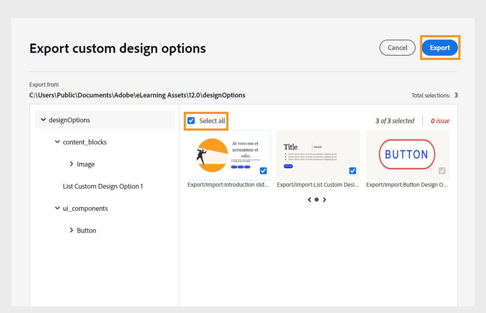 Export a custom design option