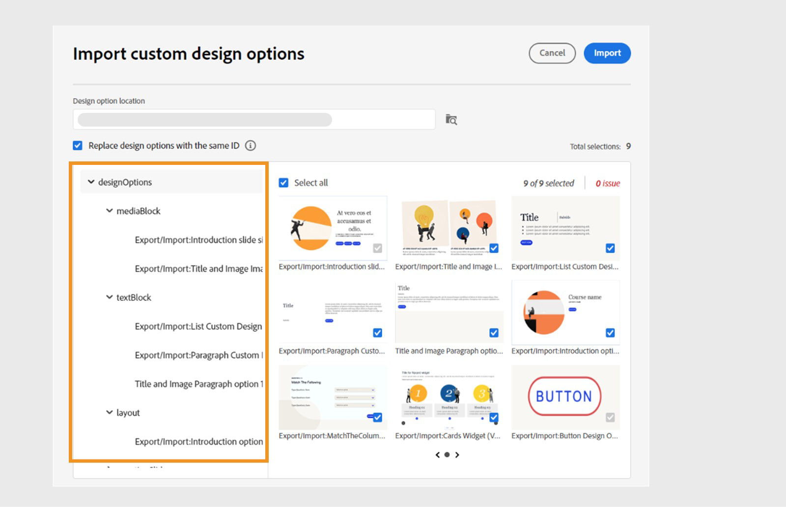 Select and import custom design options