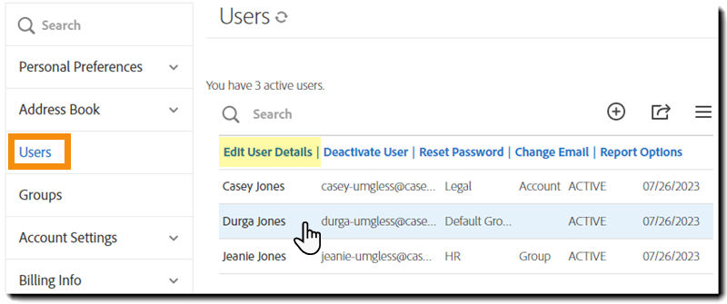 The Users tab with the Edit User Details action highlighted