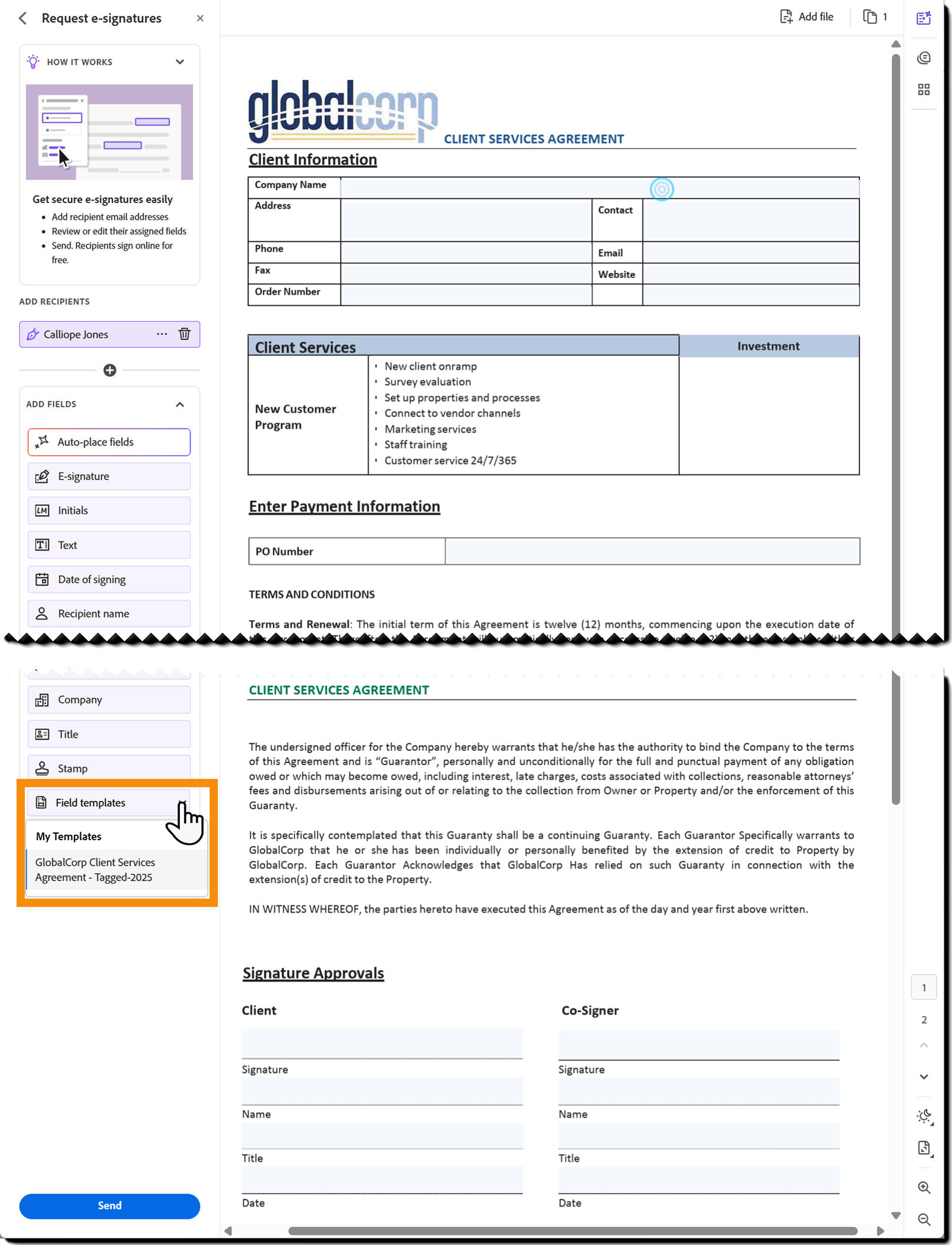 The authoring page with the Field Templates drop-down expanded.