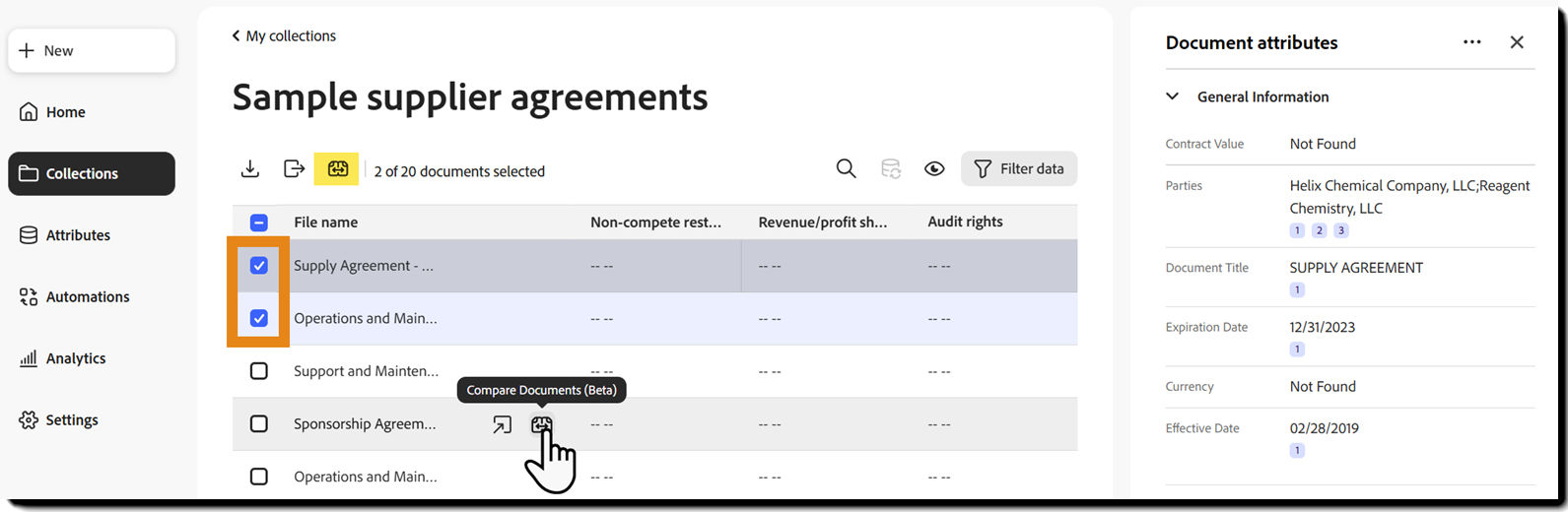 Two documents selected in a collection with the Compare icon visible in the quick actions area