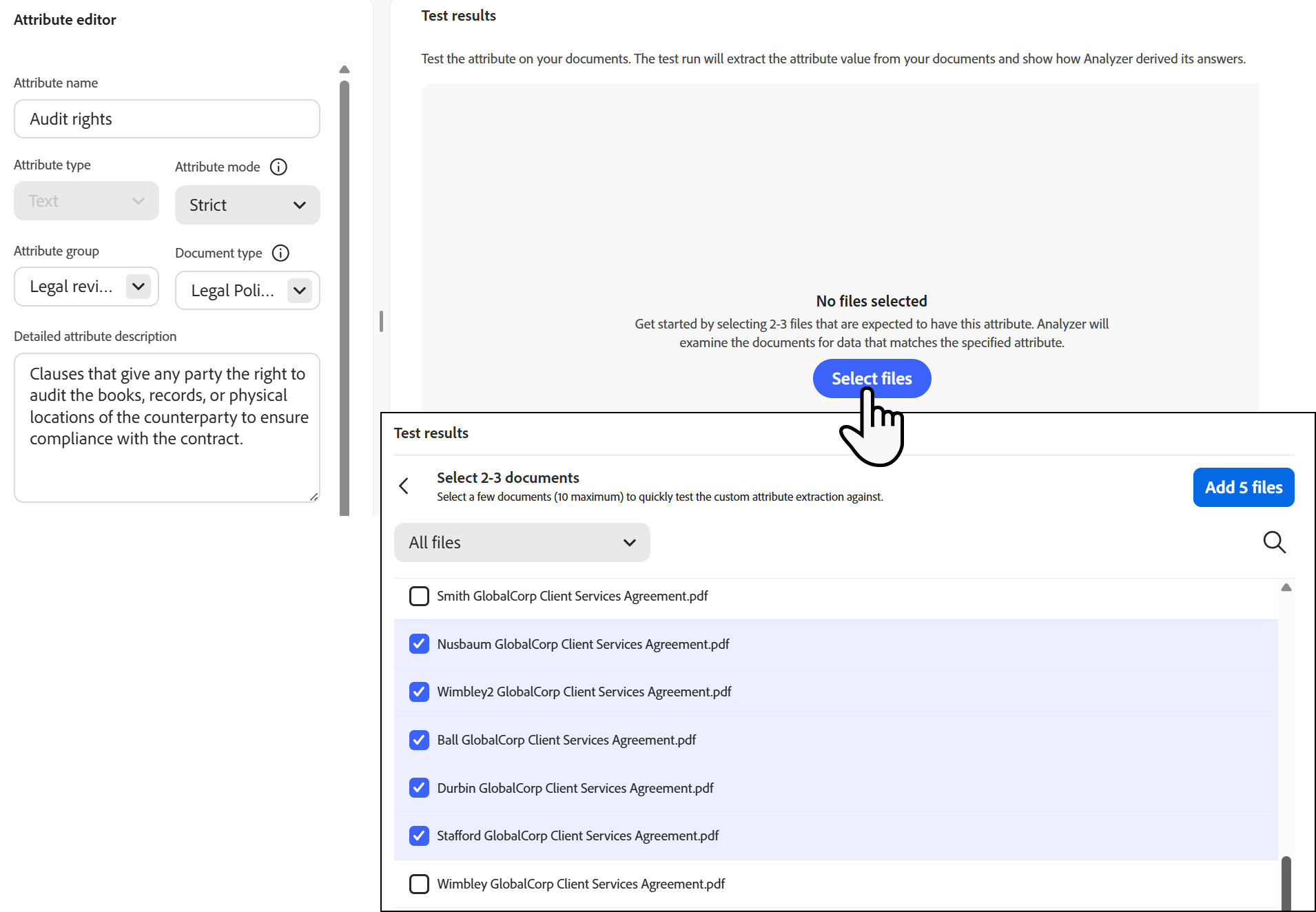 Attribute test document selector showing All files, a collection filter, search, and selected documents.