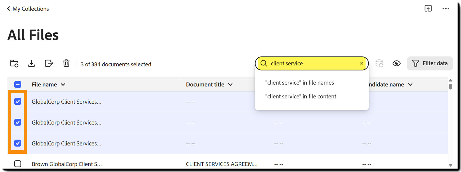 The All Files collection with three files selected.