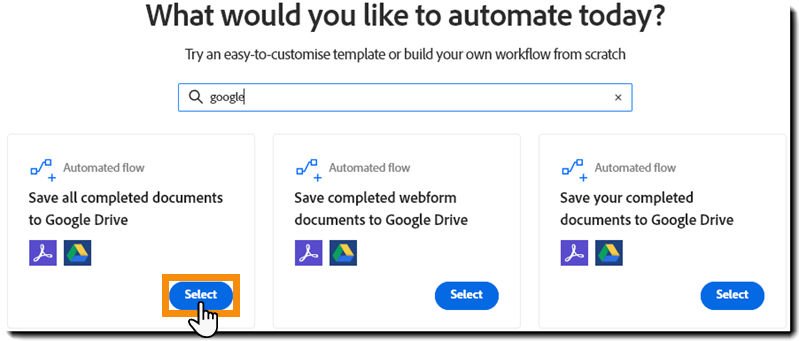 The Create Workflow page showing the search results and the Start button highlighted