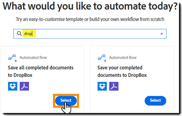 The Create Workflow page showing the search results and the Start button highlighted