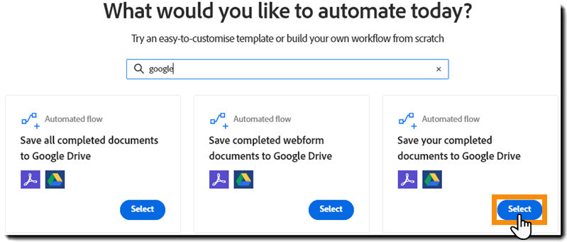 The Create Workflow page showing the search results and the Start button highlighted