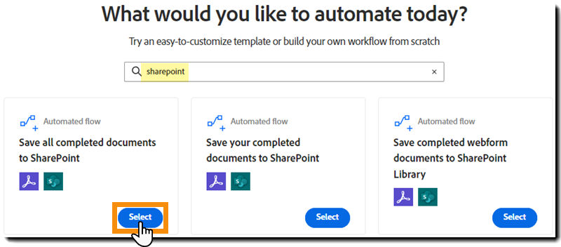 The Create Workflow page showing the search results and the Start button highlighted