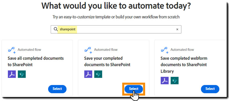 The Create Workflow page showing the search results and the Start button highlighted