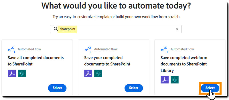 The Create Workflow page showing the search results and the Start button highlighted