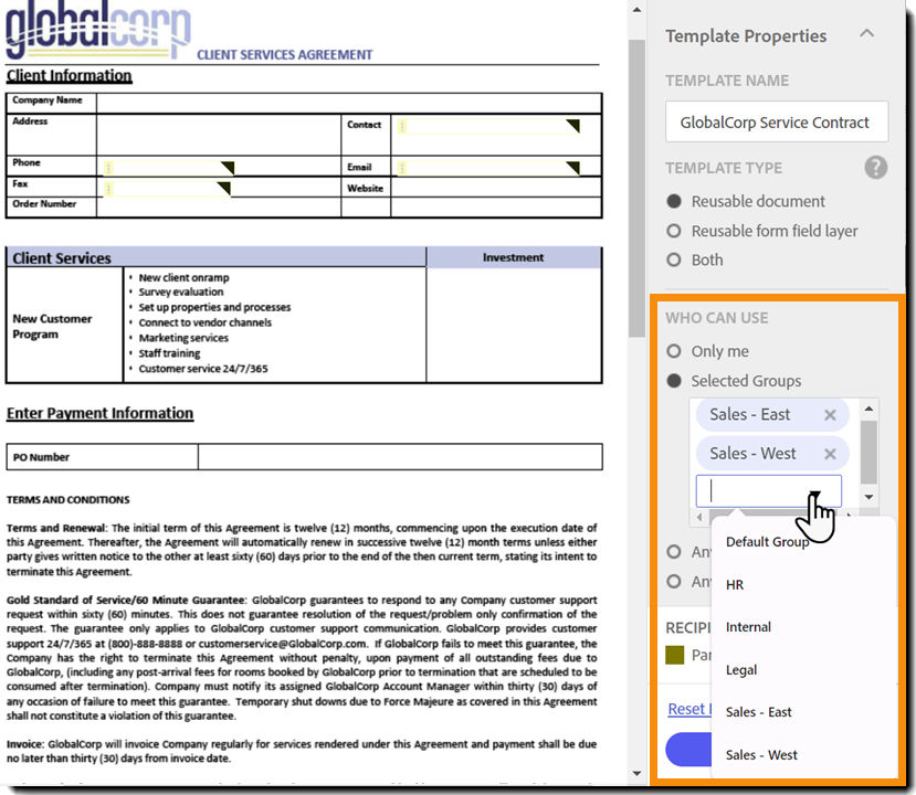 An example of a template on the Manage page with the template properties open and the multi-select option for groups highlighted.